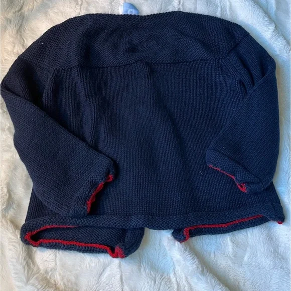 Bella Bliss 100% Handmade Knit Cardigan Dark Navy Red Edges Size Girls 6 - Picture 2 of 5